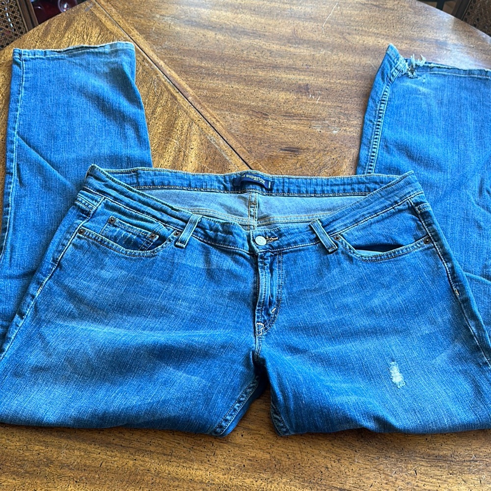 Levi’s too super low 524 jeans red tag distressed wear at cuffs m, distressed 17